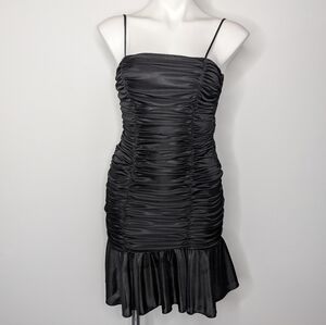 Vintage Masquerade Black Ruched Satin Spaghetti Strap Ruffle Skirt Mini Dress M